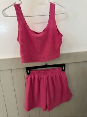 Hot Pink Ribbed Tank and Shorts Set